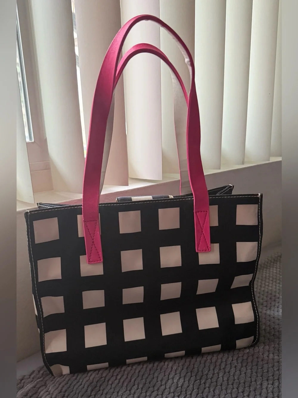 kate spade Black & White Check Tote with Pink Handles